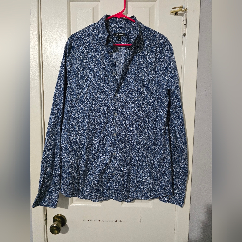 Express Blue Floral Button Down Shirt Used Slim Fit Size Medium Tall